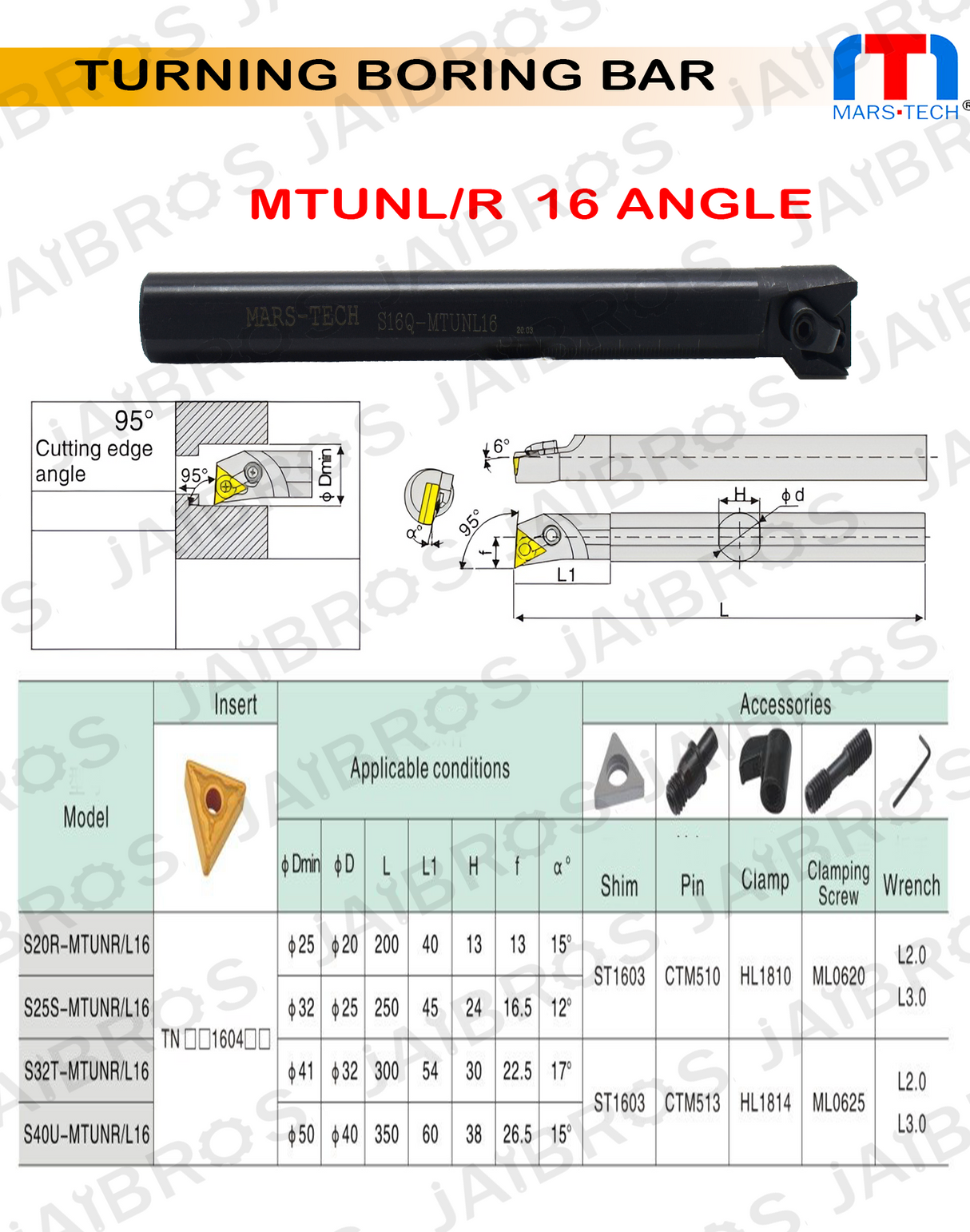 MTUNL/R TNMG1604 Boring Bar dia 16/20/25/32 pack of 1