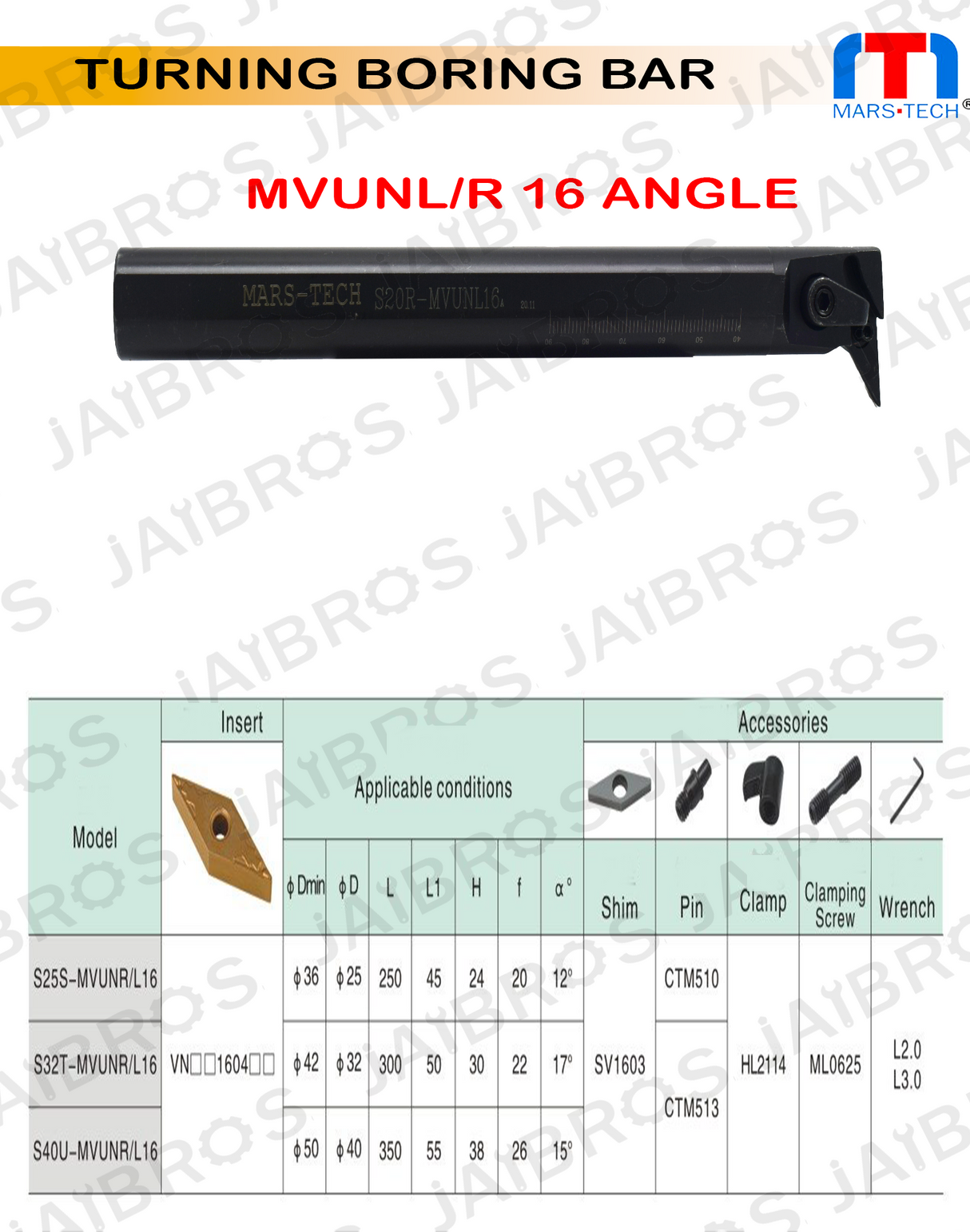 MVUNL/R VNMG1604 U angel Boring Bar dia 20/25/32 pack of 1