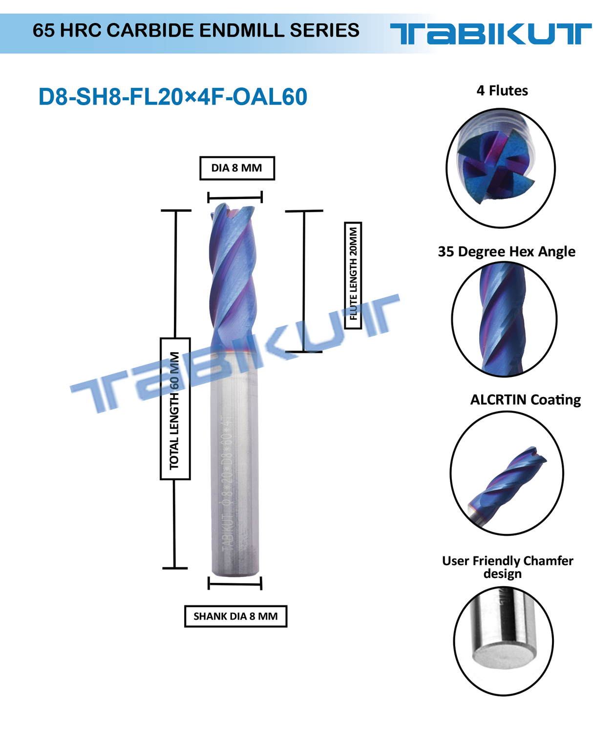 8 mm Carbide Endmill 65 HRC 4 Flutes