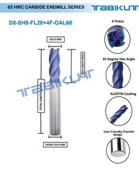 Thumbnail for 8 mm Carbide Endmill 65 HRC 4 Flutes
