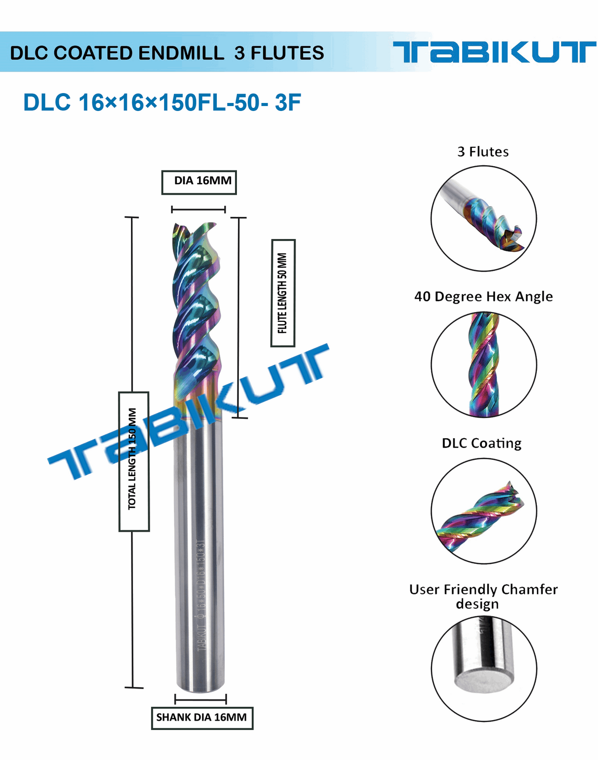 16 mm 3 flute endmill 100/150 mm long DLC coated pack of 1