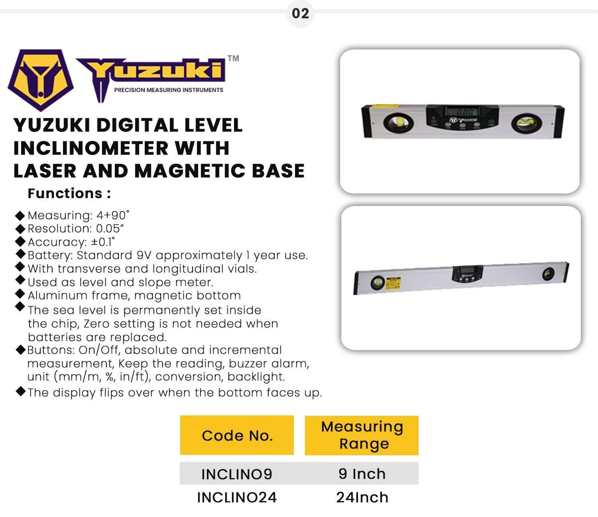 Yuzuki Digital Level Inclinometer With Magnetic Base And Laser 9"/225mm