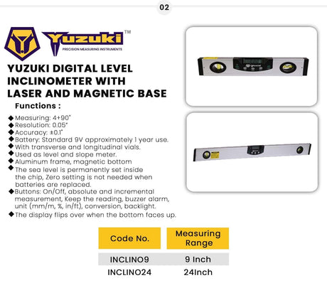 Yuzuki Digital Level Inclinometer With Magnetic Base And Laser 9"/225mm