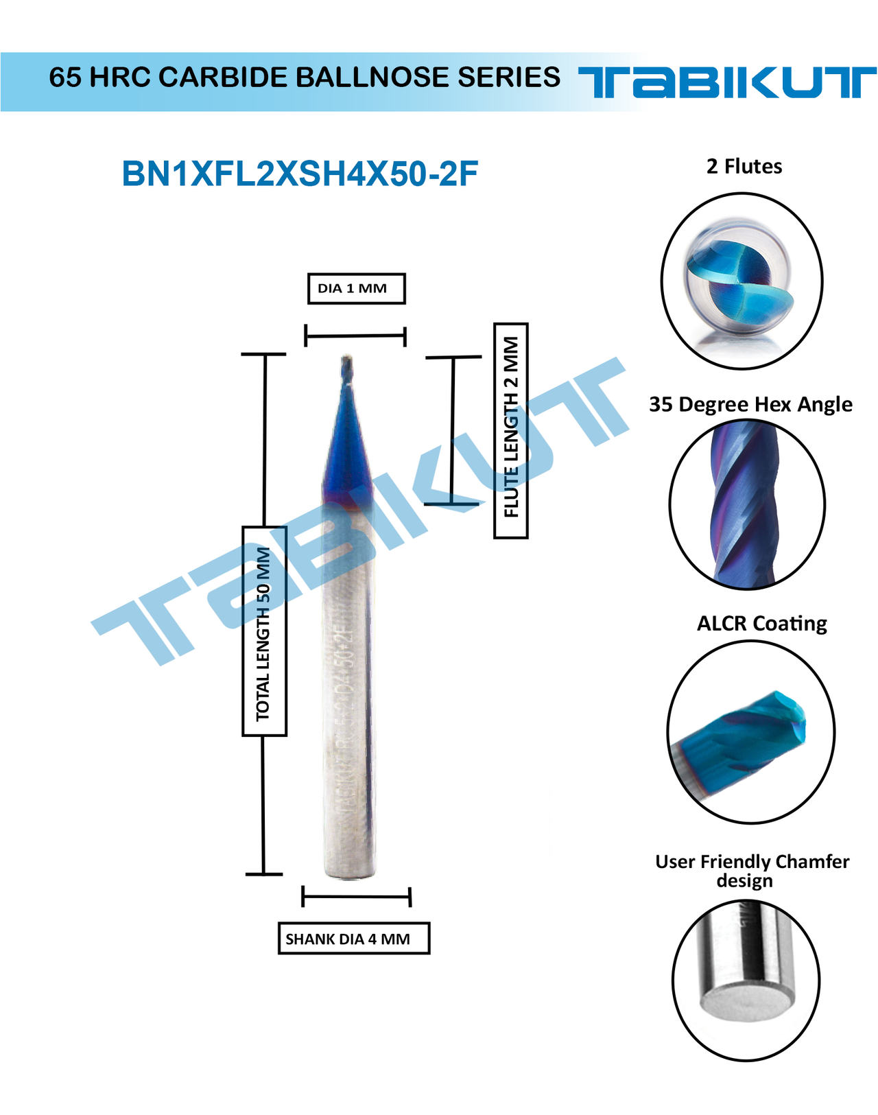 1 mm Carbide ballnose 65 HRC 2 Flutes PACK OF 1