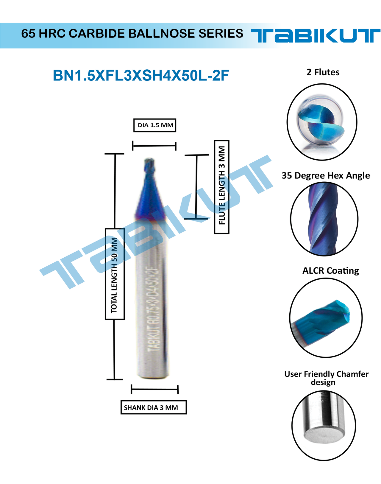 1.5 mm Carbide ballnose 65 HRC 2 Flutes PACK OF 1