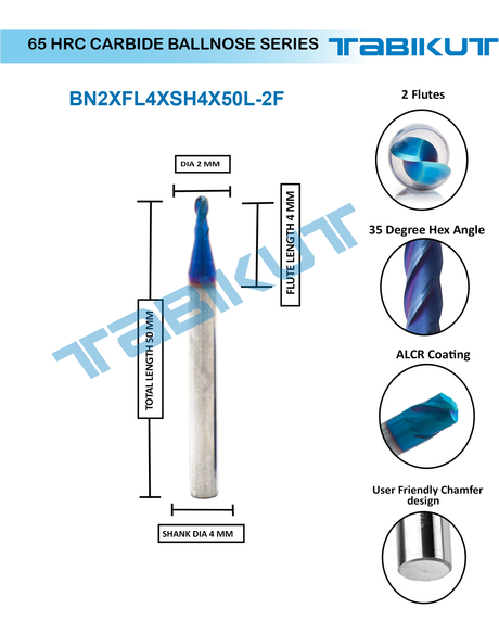 2 mm Carbide ballnose 65 HRC 2 Flutes PACK OF 1