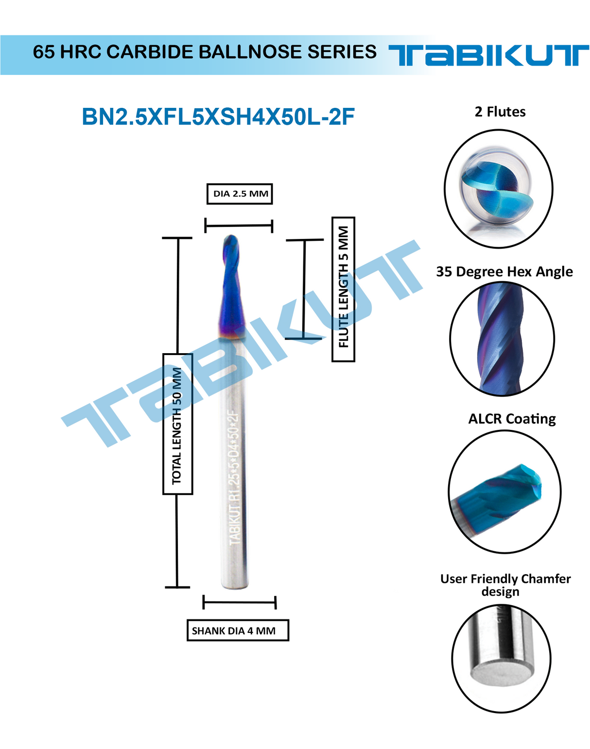 2.5 mm Carbide ballnose 65 HRC 2 Flutes PACK OF 1