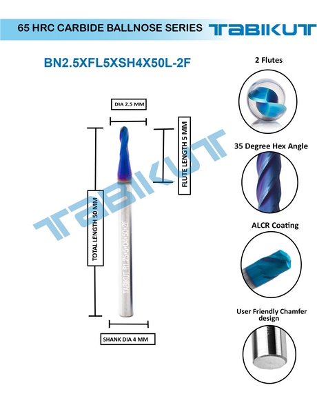 2.5 mm Carbide ballnose 65 HRC 2 Flutes PACK OF 1