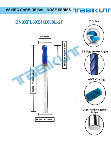 3 mm Carbide ballnose 65 HRC 2 Flutes PACK OF 1