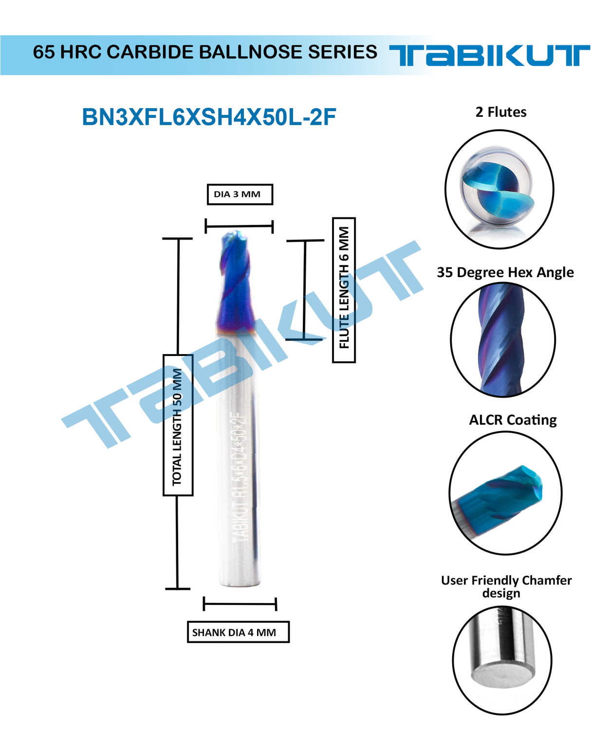 3 mm Carbide ballnose 65 HRC 2 Flutes PACK OF 1