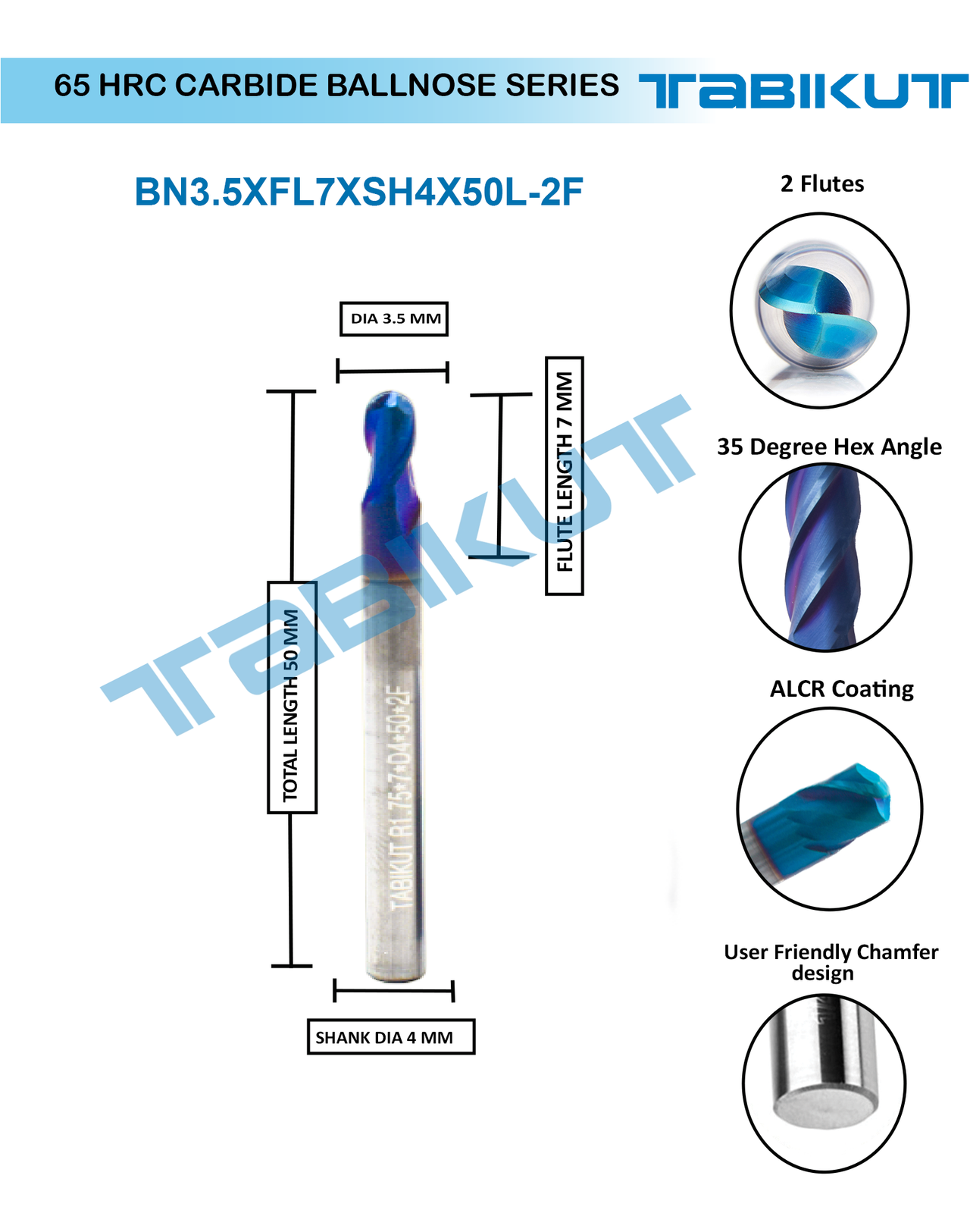 3.5 mm Carbide ballnose 65 HRC 2 Flutes PACK OF 1