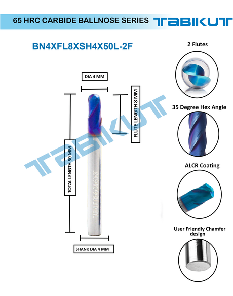 4 mm Carbide ballnose 65 HRC 2 Flutes PACK OF 1