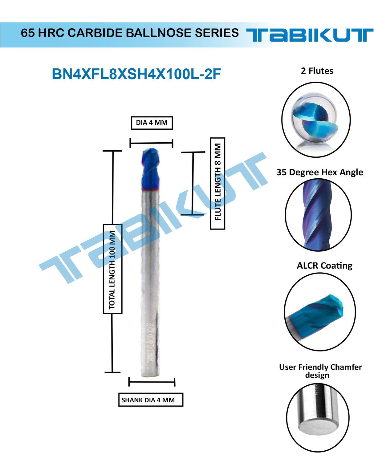 4 mm Carbide ballnose 65 HRC 2 Flutes PACK OF 1