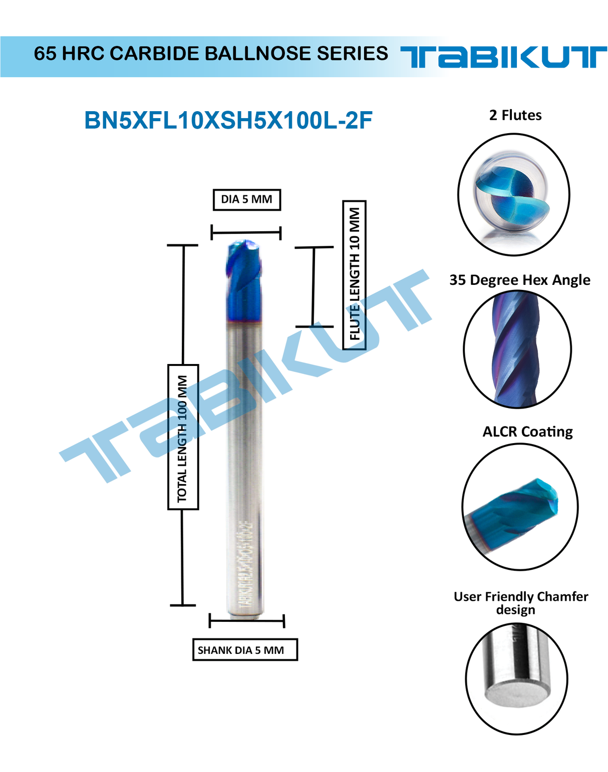 5 mm Carbide ballnose 65 HRC 2 Flutes PACK OF 1