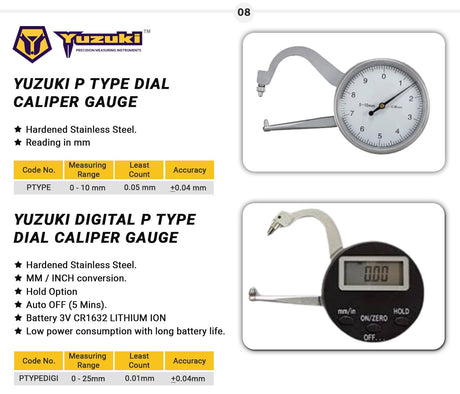 Yuzuki P Type Dial Caliper Gauge 0-10mm