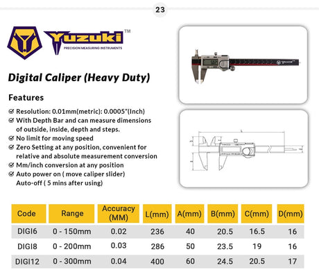 Yuzuki Digital Caliper (Heavy Duty) 150mm/6 inch