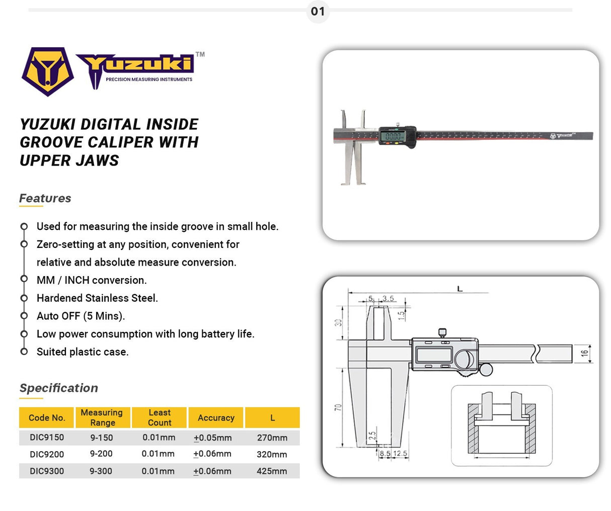 Yuzuki Digital Inside Groove Caliper With Upper Jaws 9-300mm