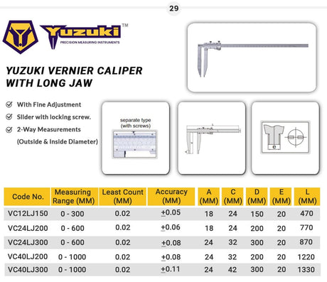 Yuzuki Vernier Caliper With Long Jaw 1000mm/40 Inch (Jl-300mm)