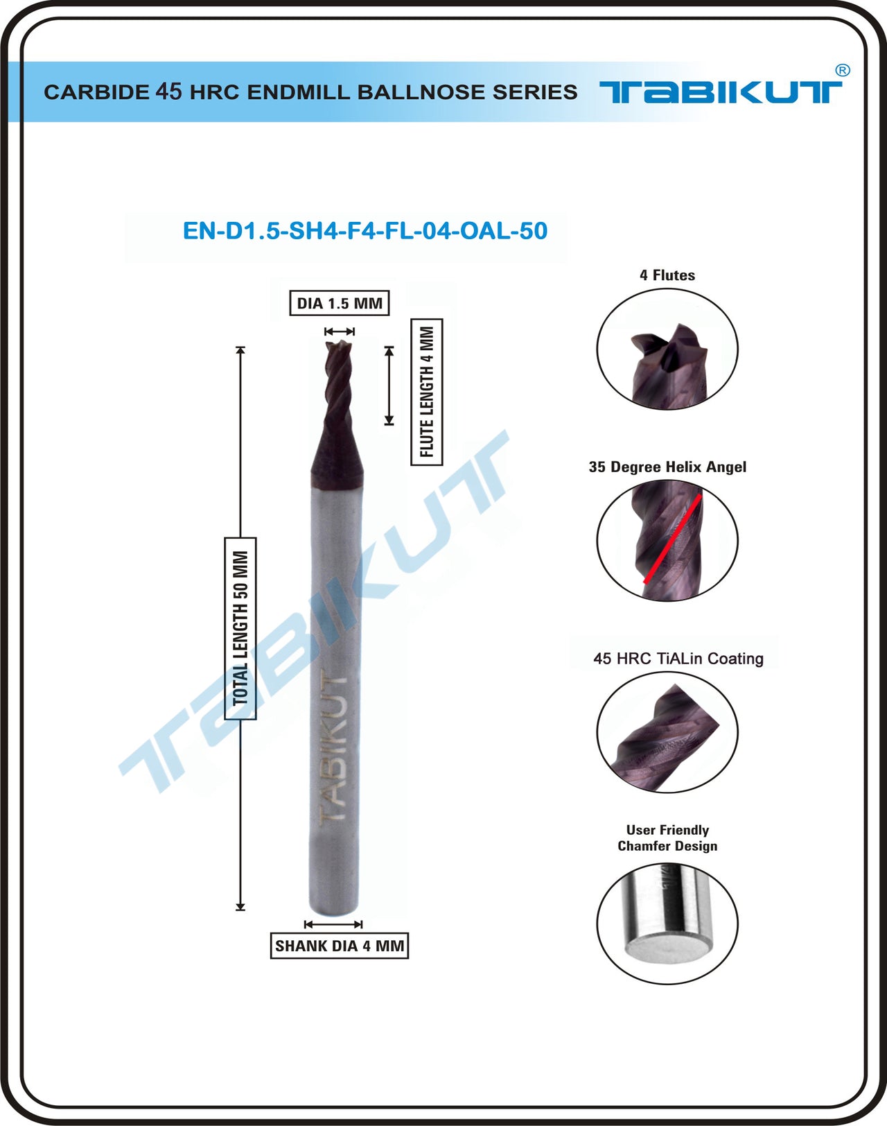 1.5 mm Carbide Endmill 45 HRC