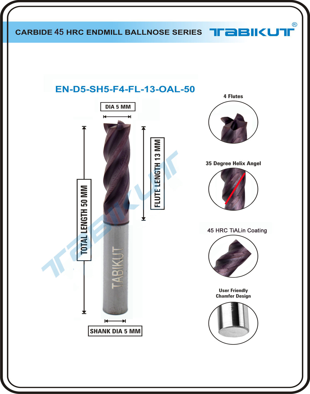 5 mm Carbide Endmill 45 HRC | ballnose