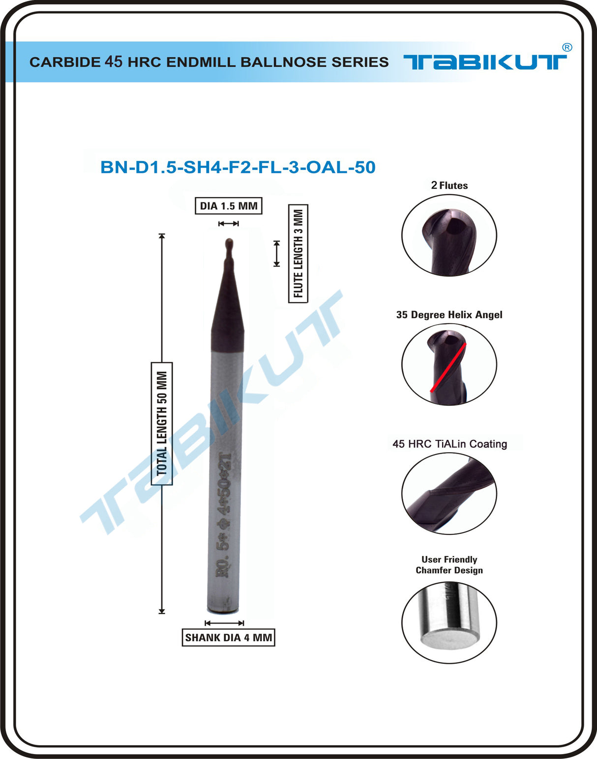 1.5 mm Carbide Ball Nose 2 FLUTE