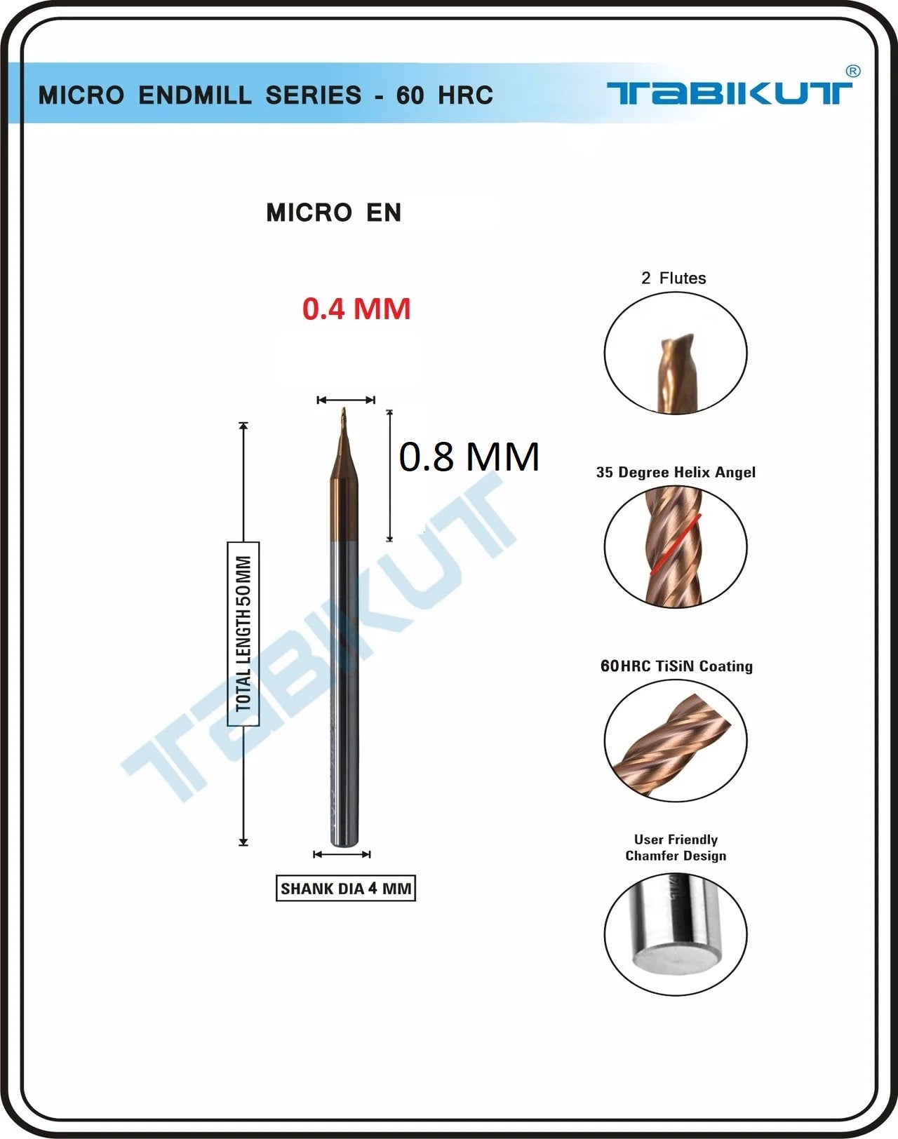 Micro Endmill 0.4 Mm 4mm Shank 2 Flutes (60 HRC)