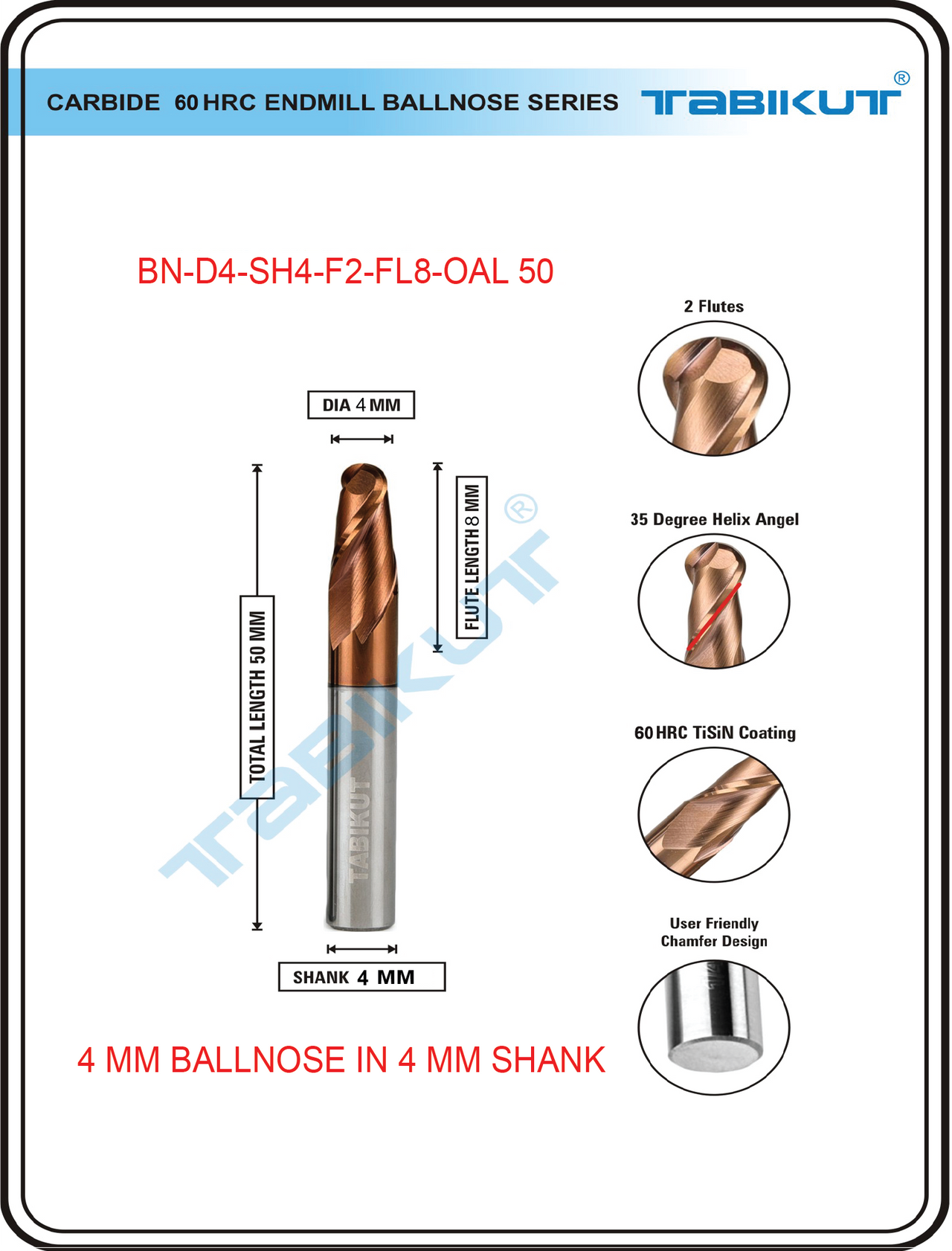 4 mm Carbide Ballnose 2 Flutes | TABIKUT