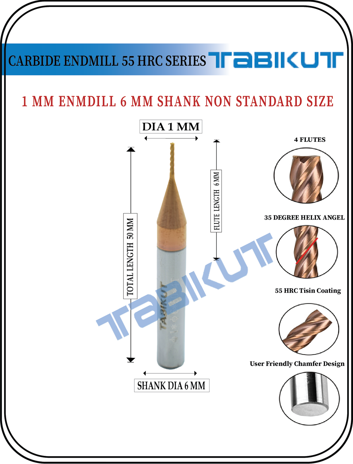 6 mm Shank 1 mm Endmill 55 HRC