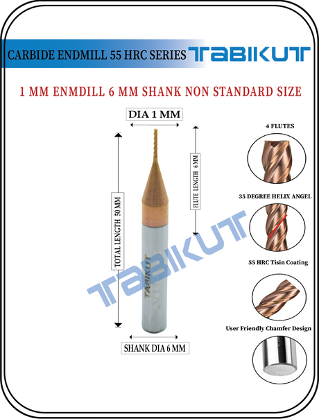 6 mm Shank 1 mm Endmill 55 HRC