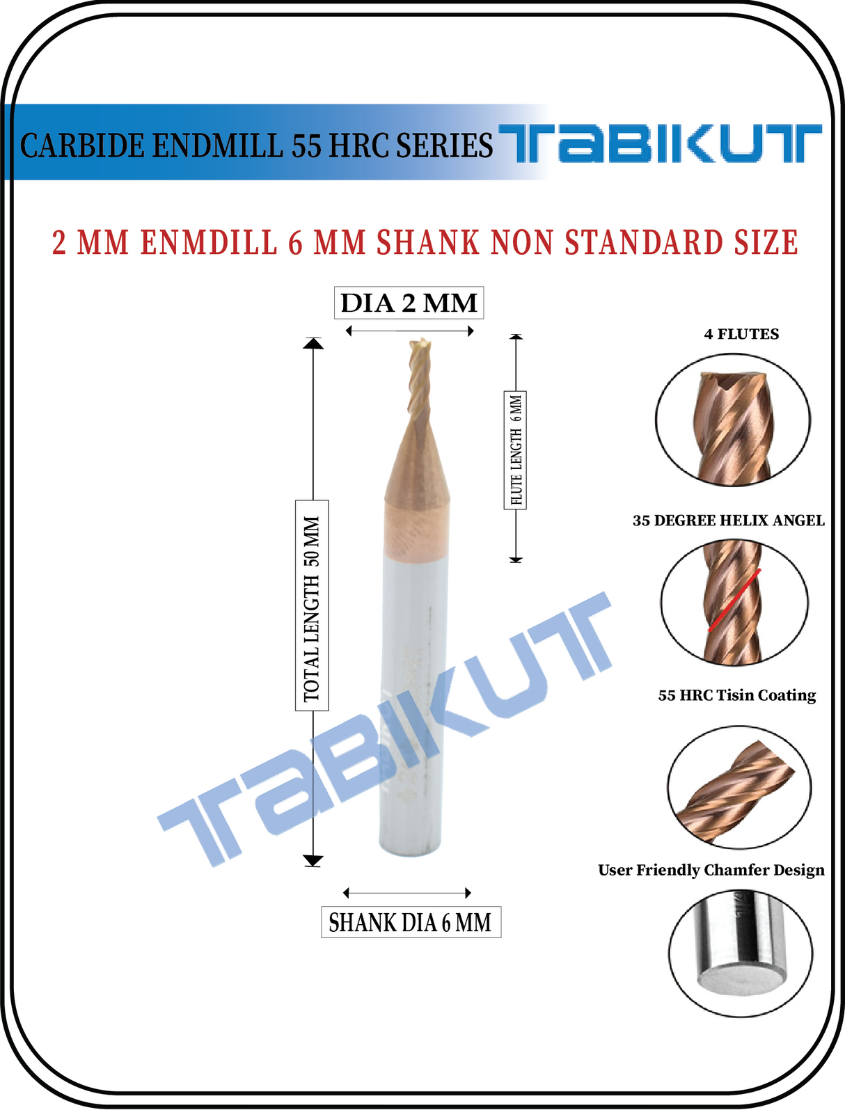 6 mm Shank 2 mm Endmill 55 HRC