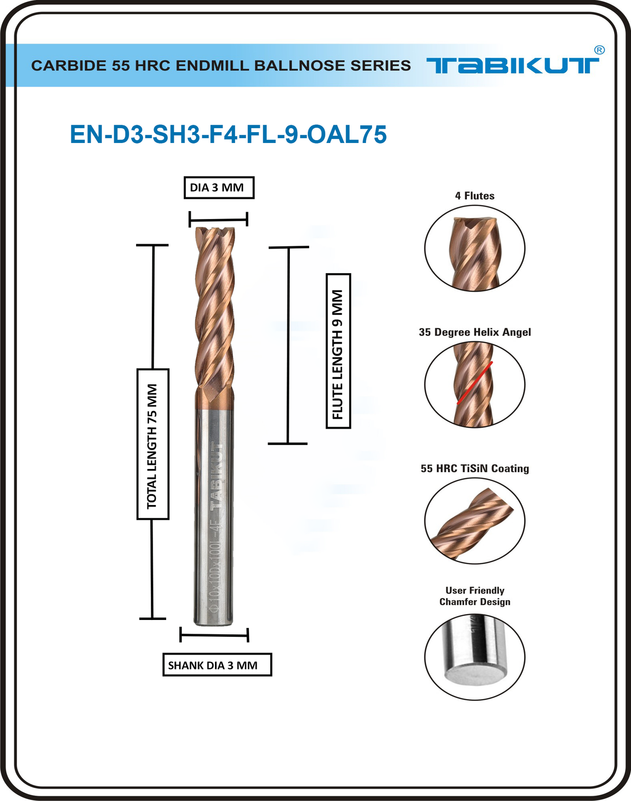 3 Mm -3/4mm SHANK Carbide Endmill 60 HRC 4 Flutes