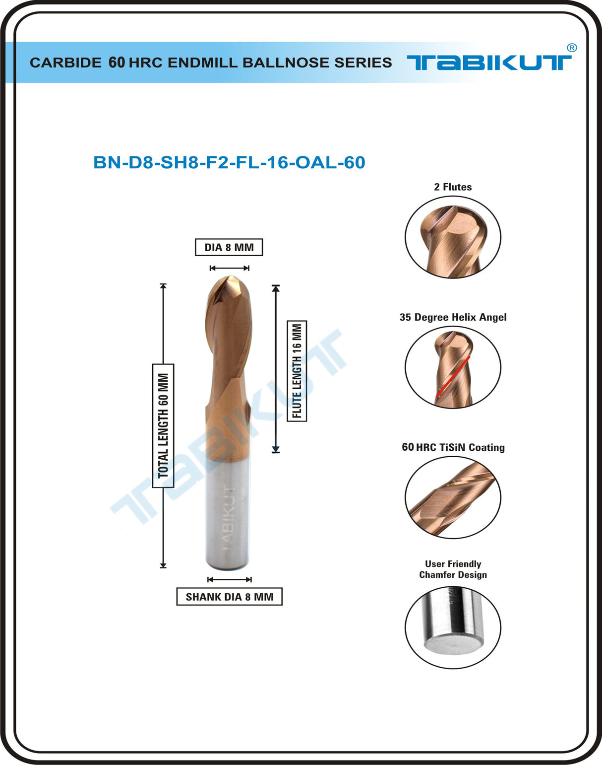 8 mm Carbide Ballnose 60 HRC