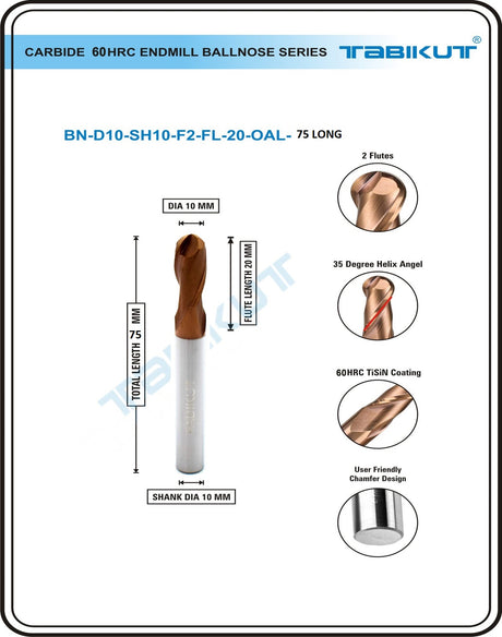 10 mm Carbide Ballnose 60 HRC