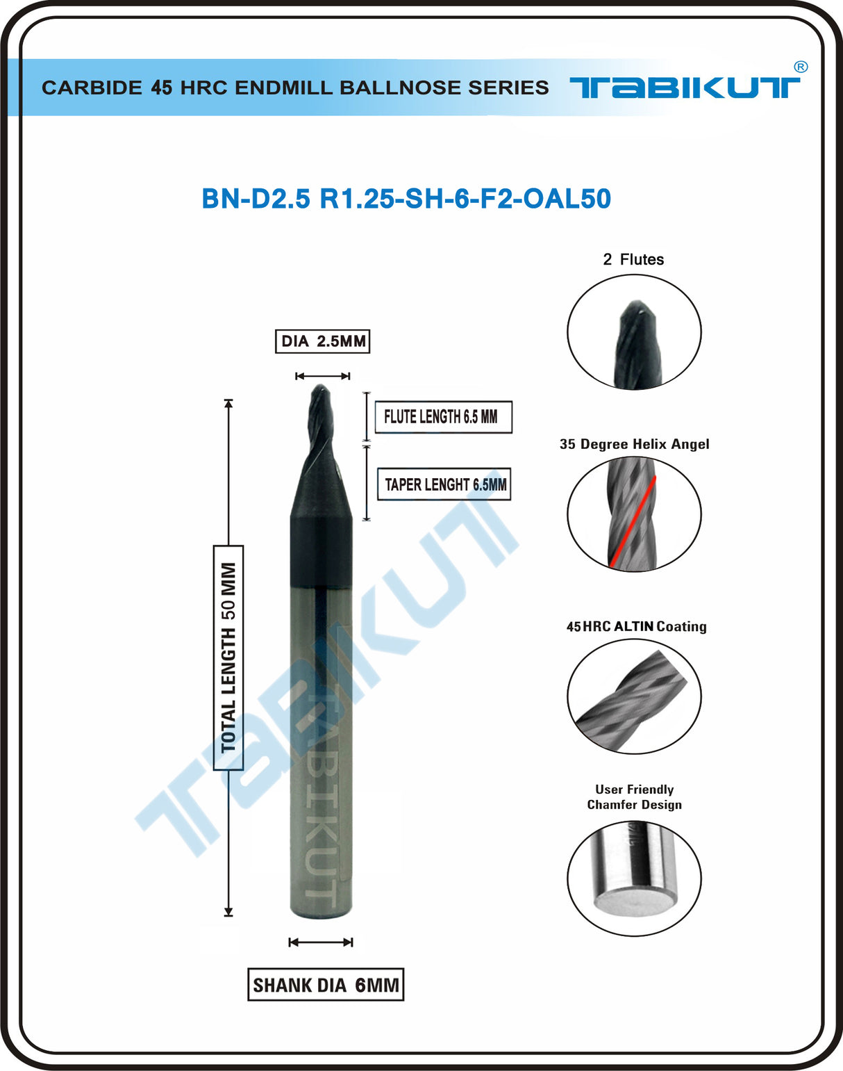 6mm Shank 2.5 mm Ballnose In  2 Flutes