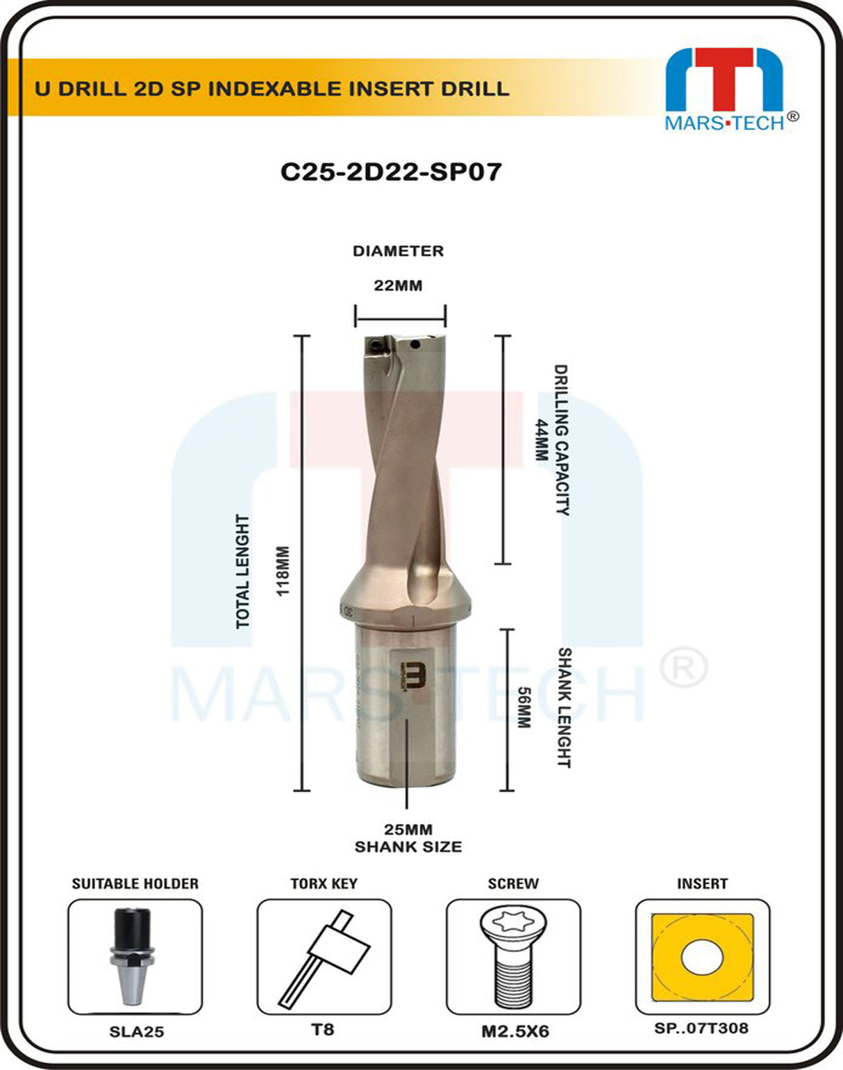 U Drill 22 mm 2D 25MM SHANK