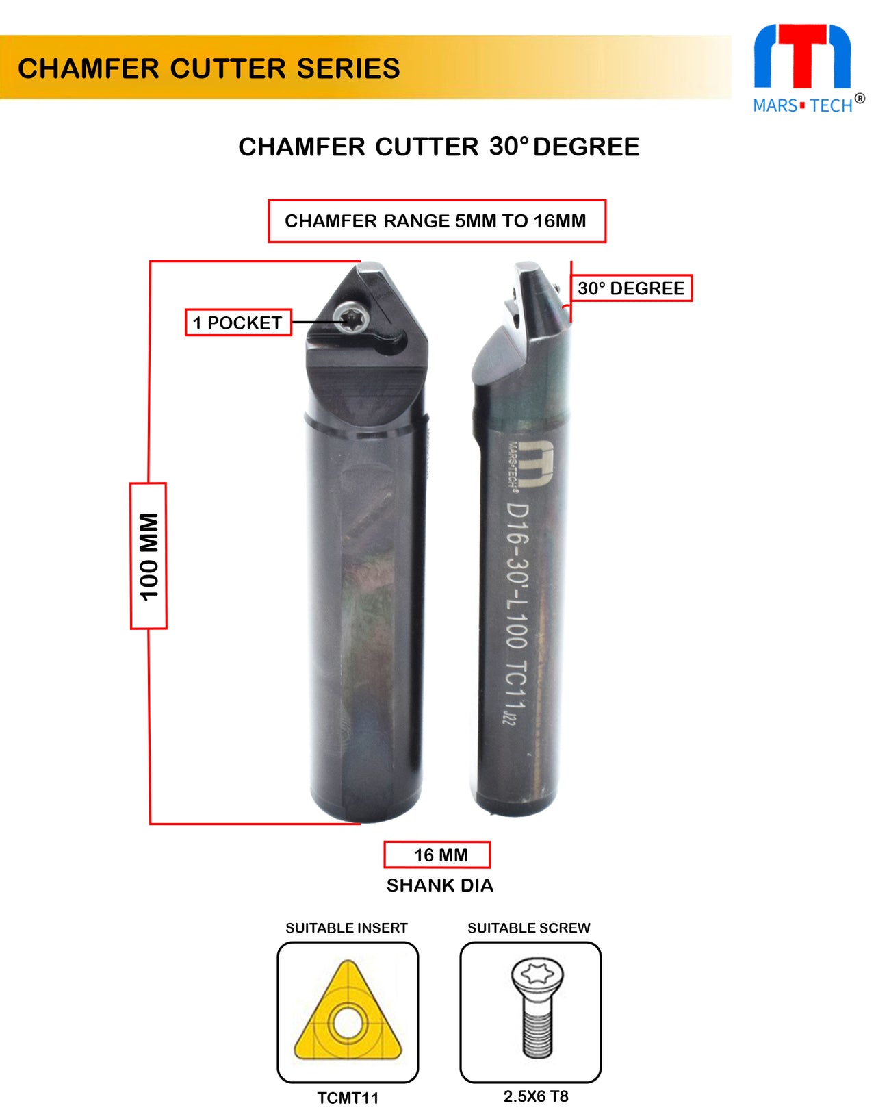 Chamfer Cutter 30 Degree 5-16mm 16 mm shank range pack of 1