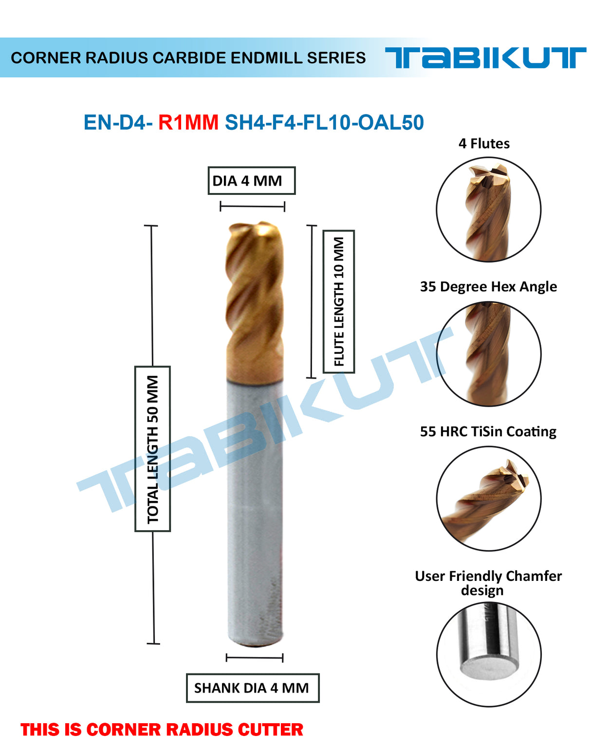 Corner Radius Endmill 4 mm in 0.5 and 1 mm radius pack of 1