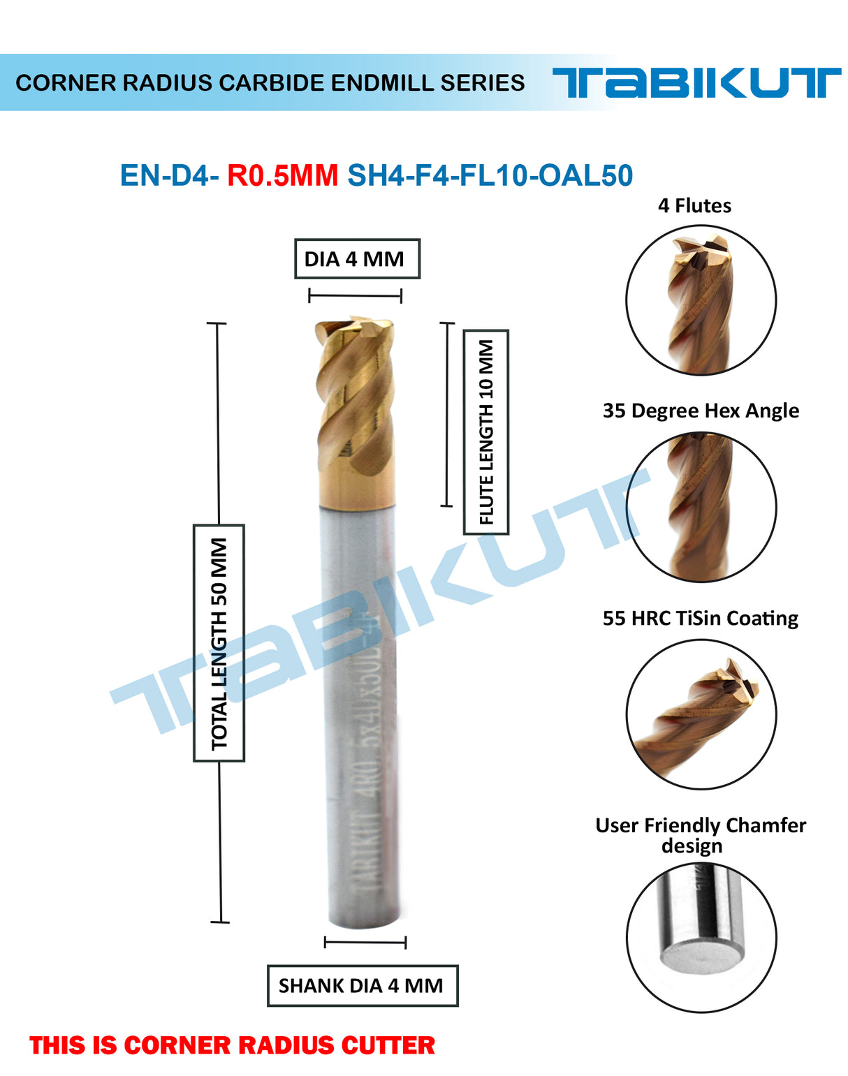 Corner Radius Endmill 4 mm in 0.5 and 1 mm radius pack of 1