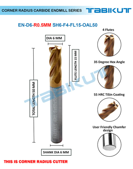 Corner Radius Endmill 6 mm in 0.5 and 1 mm radius pack of 1