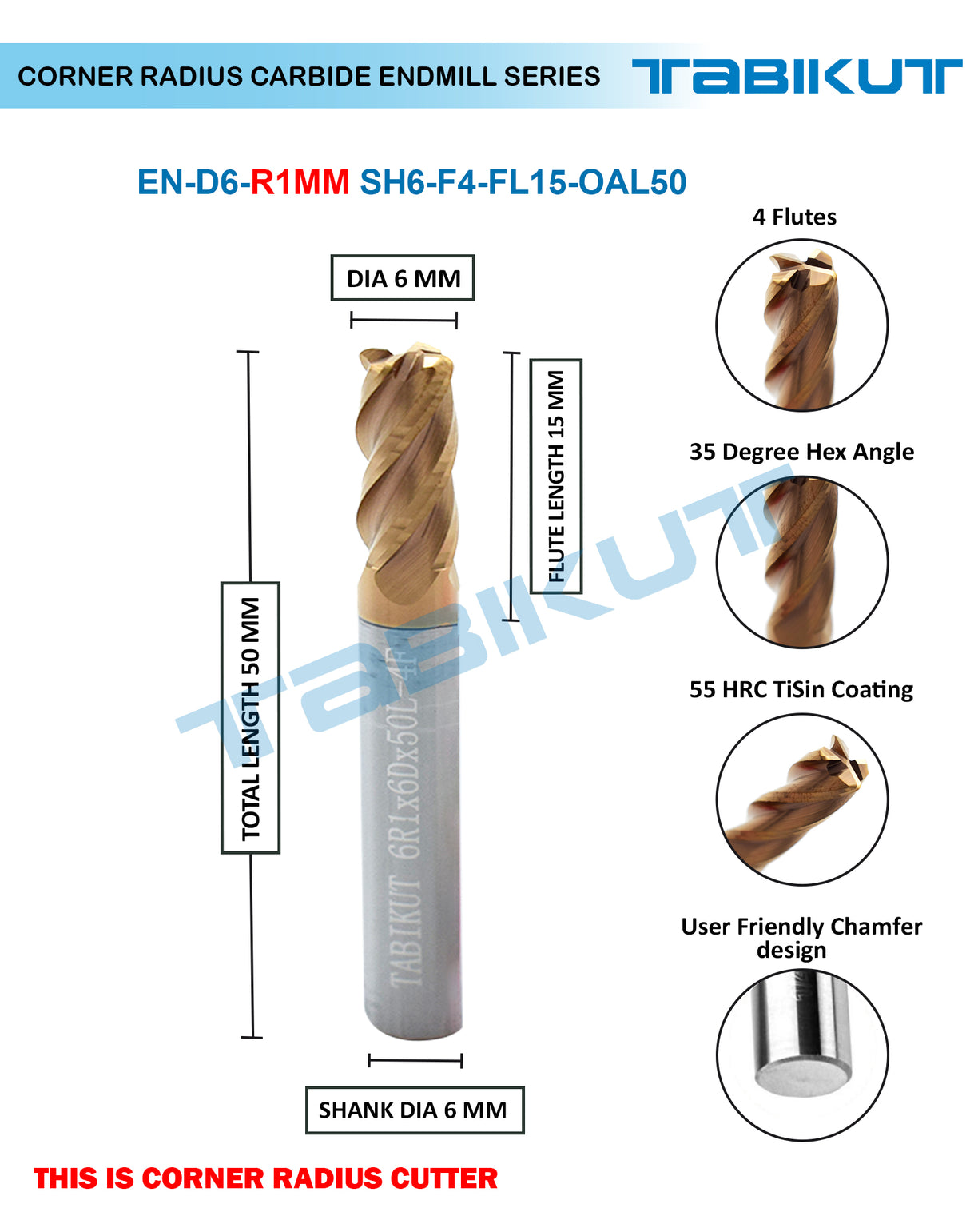 Corner Radius Endmill 6 mm in 0.5 and 1 mm radius pack of 1