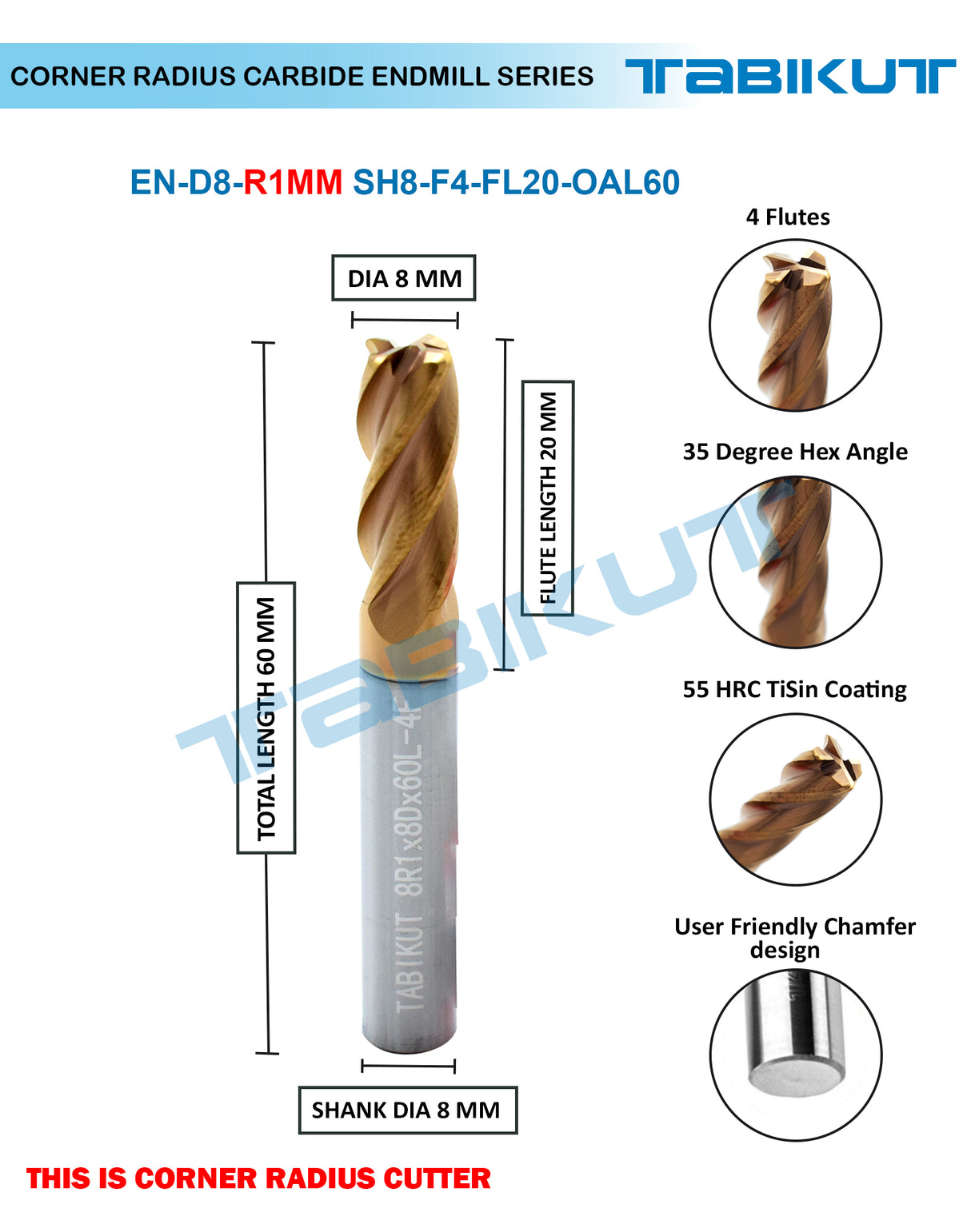 Corner Radius Endmill 8 mm in 0.5 and 1 mm radius pack of 1