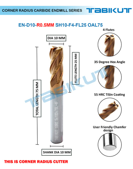 Corner Radius Endmill 10 mm in 0.5 and 1 mm radius pack of 1