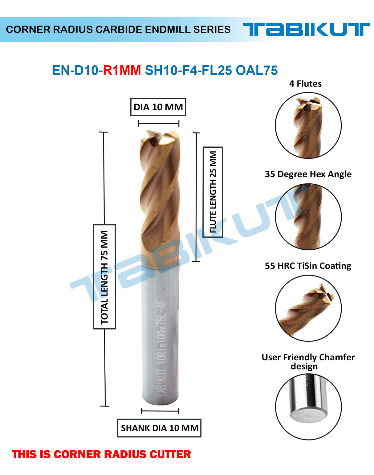 Corner Radius Endmill 10 mm in 0.5 and 1 mm radius pack of 1