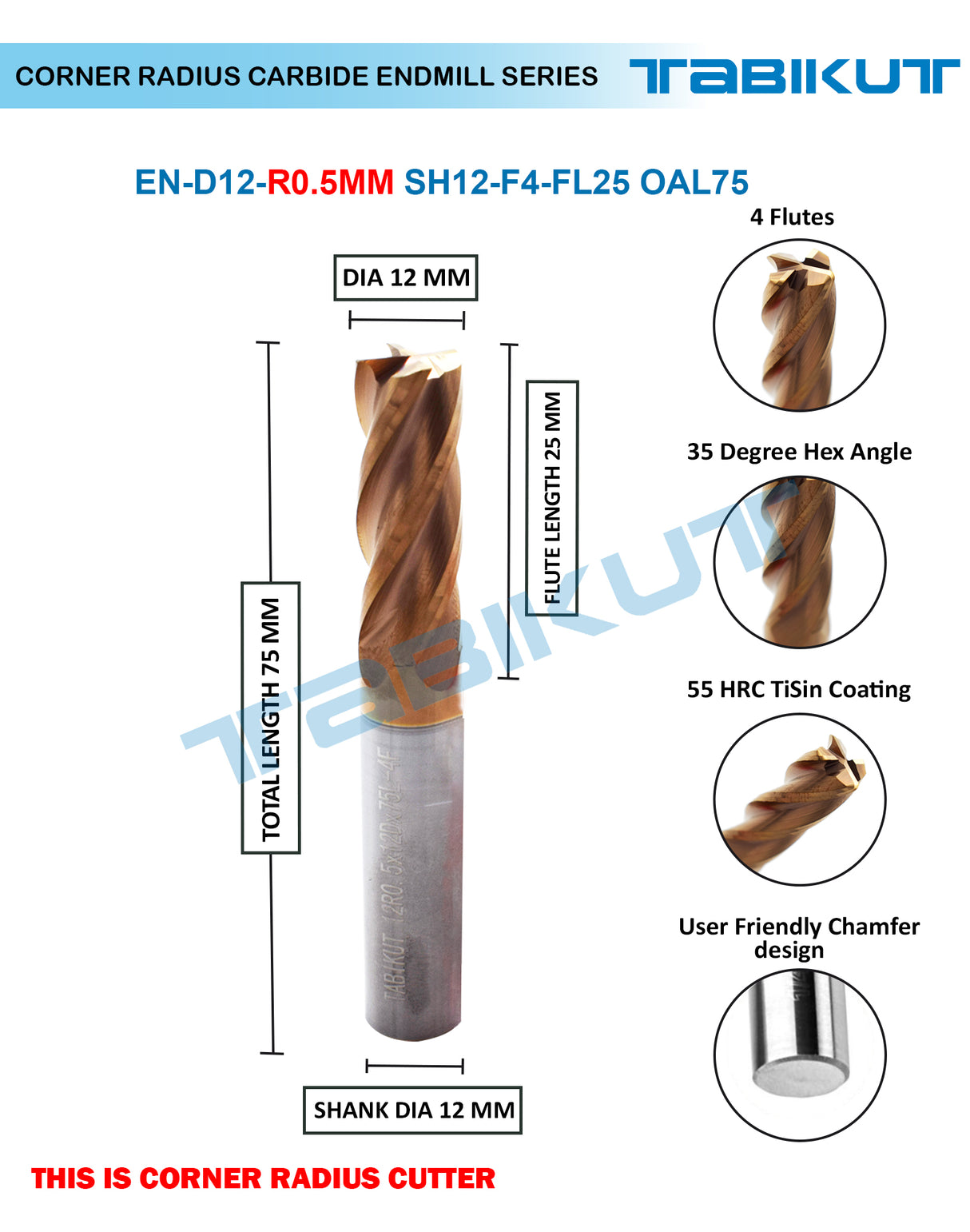 Corner Radius Endmill 12 mm in 0.5 and 1 mm radius pack of 1