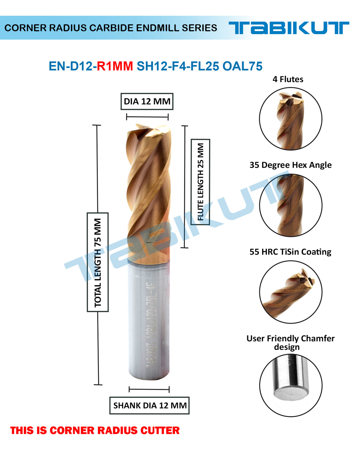 Corner Radius Endmill 12 mm in 0.5 and 1 mm radius pack of 1