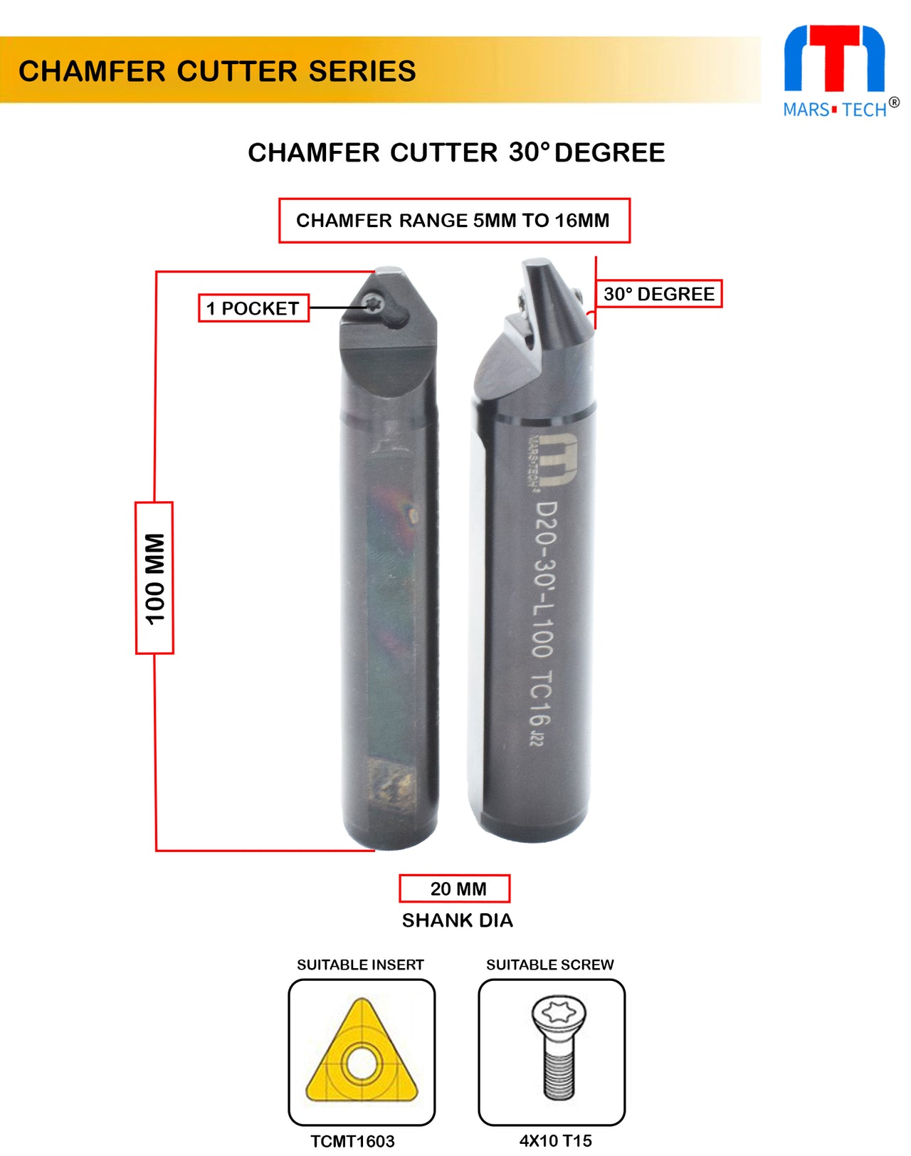 Chamfer Cutter 30 Degree 5-16mm range 20mm shank pack of 1