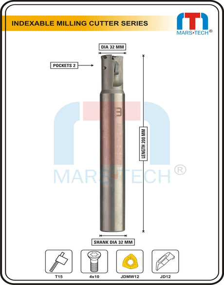 Indexable Inserted High Feed Endmill Dia 32 Mm Shank 32 Mm 2 Pocket Suitable To JDMW12 For Mitsubishi Insert - Jaibros