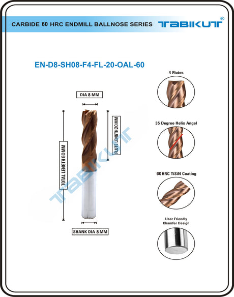 8 mm Carbide Endmill 60 HRC 4 Flutes