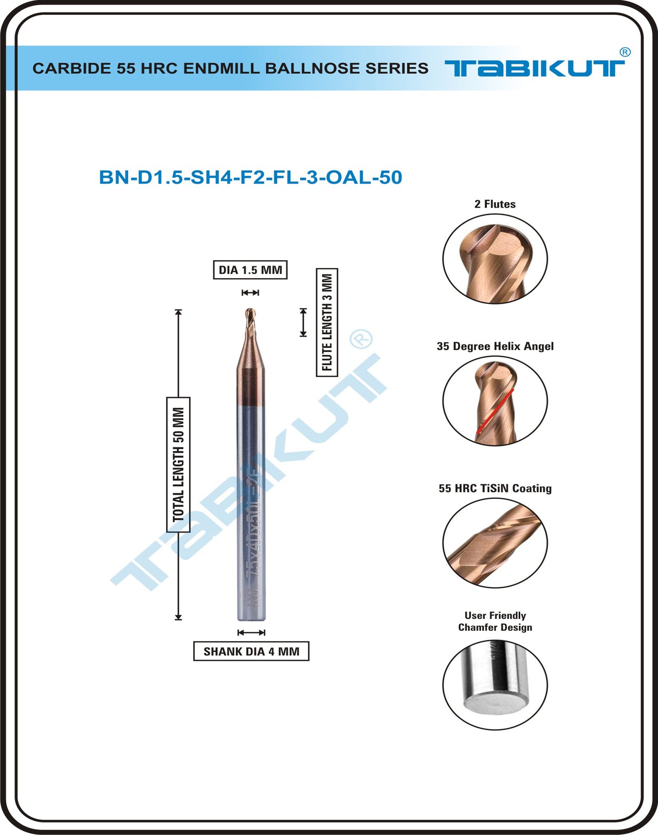 1.5 mm Carbide Endmill 55 HRC