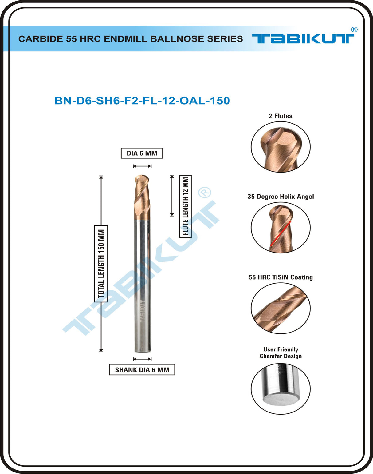 6 Mm Carbide Ballnose 55 HRC